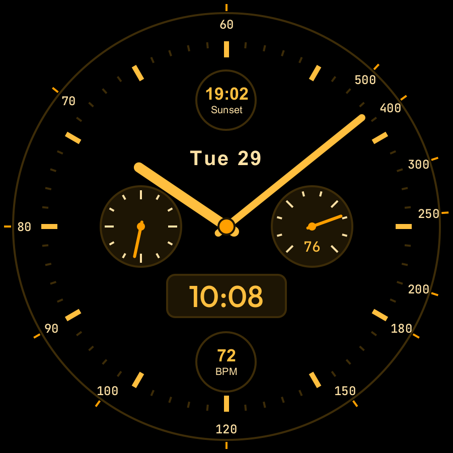 Chrono Hybrid watch face, Amber theme