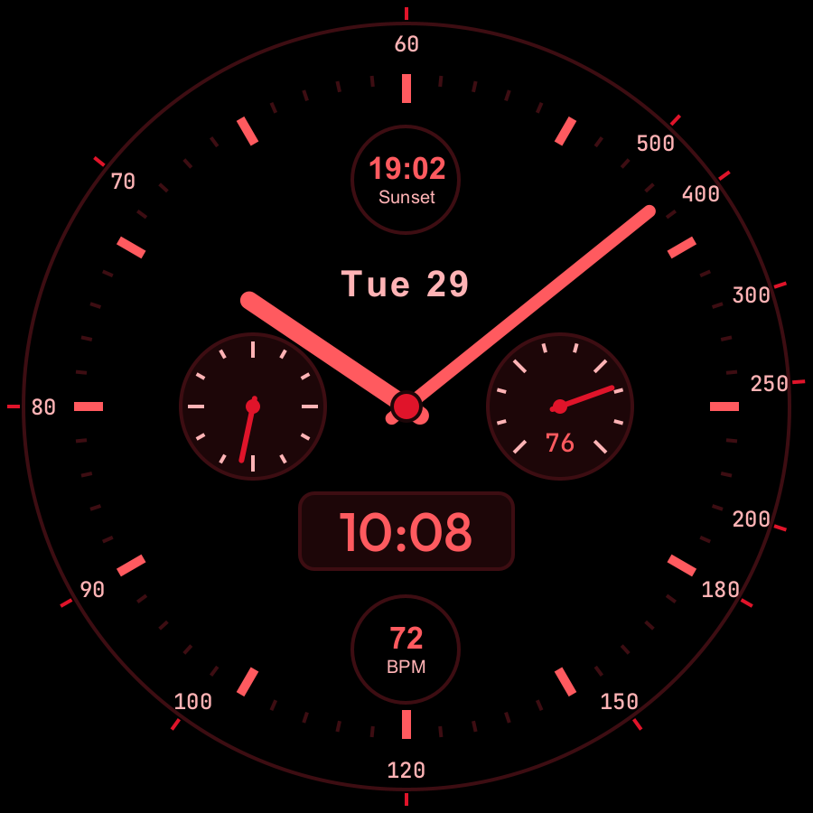 Chrono Hybrid watch face, Crimson theme