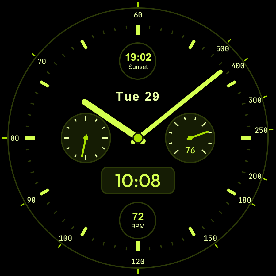 Chrono Hybrid watch face, Lime theme